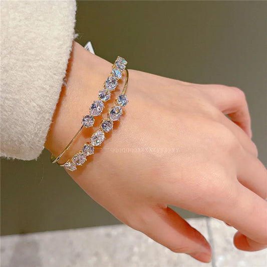 Luckacco Cuff Bracelets Sparkling Gold Color Double Layer Open Bangles For Women Shine Cubic Zircon Luxury Jewelry Party Accessories