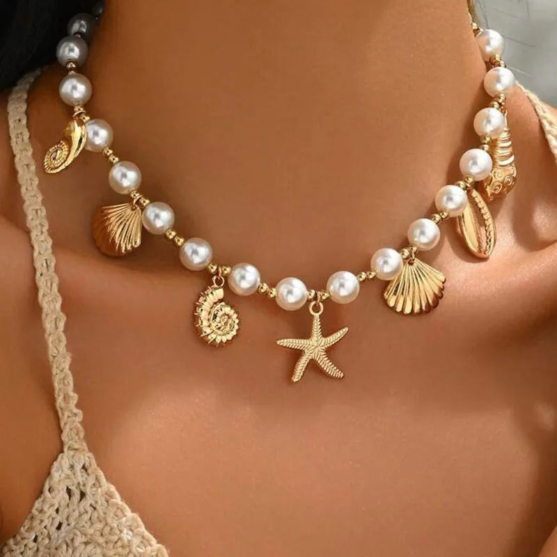 luckacco bohemia conch starfish imitation pearl necklace for women luxury exquisite beaded shell pendant necklace beach holiday jewelry