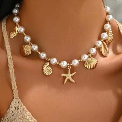 Luckacco Bohemia Conch Starfish Imitation Pearl Necklace for Women Luxury Exquisite Beaded Shell Pendant Necklace Beach Holiday Jewelry