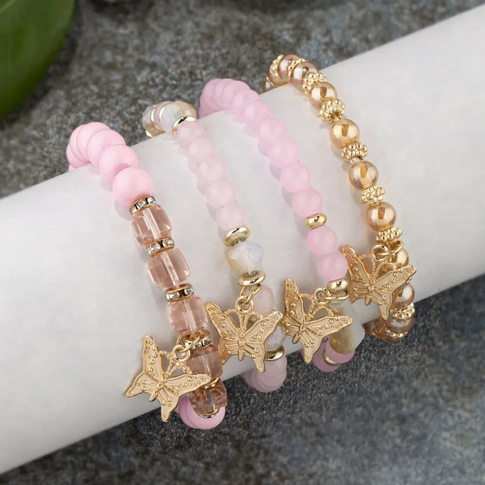 luckacco 4pcs trendy butterfly beaded bracelet set for women pink acrylic beads elastic chain bangle female bohemian party jewelry gift