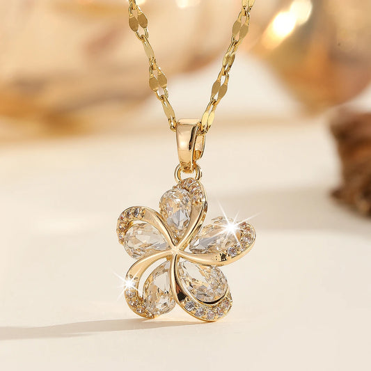 Luckacco DIEYURO 316L Stainless Steel Green Zircon Flowers Pendant Necklace For Women New Luxury Girls Lucky Chain Birthday Jewelry Gifts