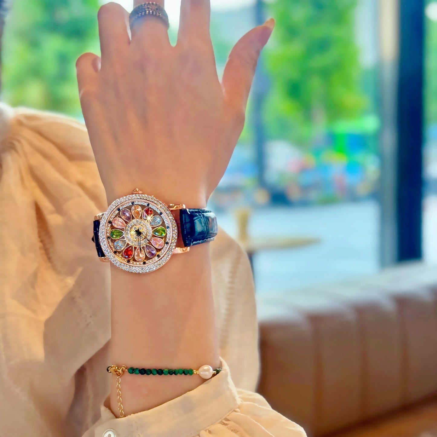 luckacco 1pc dazzling and fashionable women's quartz watch with colorful rhinestone inlay, featuring an alluring rotatable dial, durable