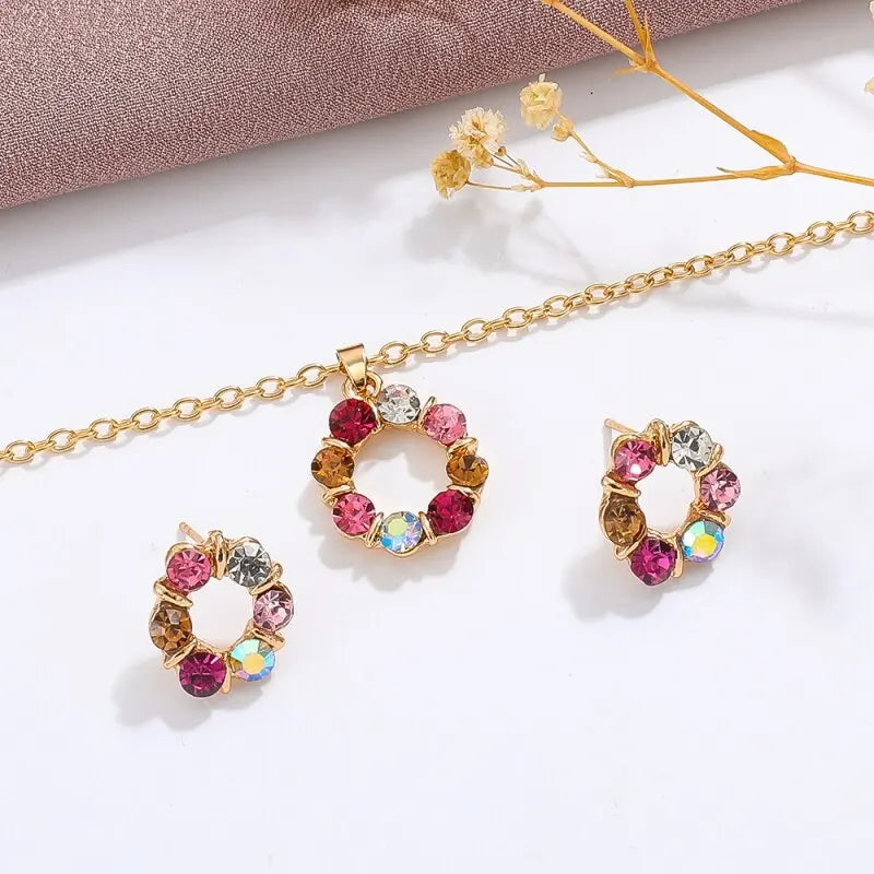 luckacco 3pcs gold necklace earrings set ladies celebrity simple fashion style exquisite stained glass diamond circle shape jewelry