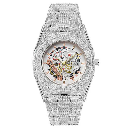 Luckacco Luxury Genuine Brand Watches For Men Hip Hop Diamond Fashion Alloy Band Date Vintage Skeleton Designer Quartz Watch Montre Homme