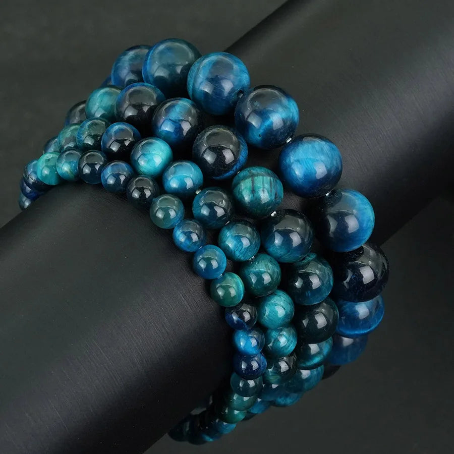 luckacco 6/8/10/12mm premium beaded bracelet men women natural blue tiger eyes stone 4 sizes elastic bangles meditation healing jewelry