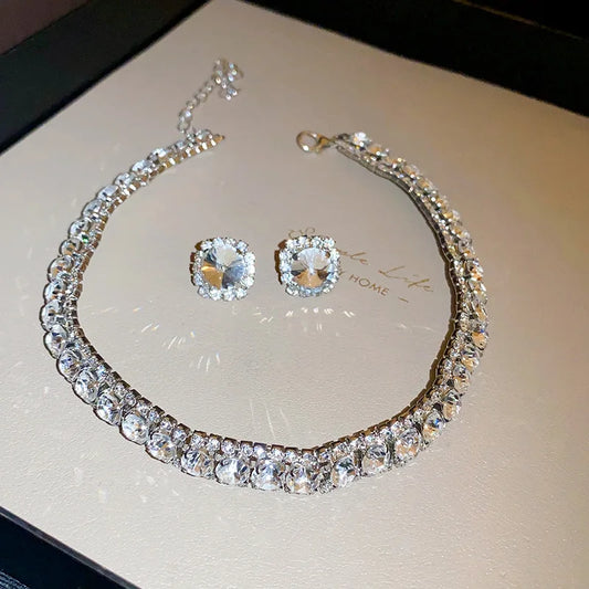 Luckacco Luxury Green Rhinestone Necklace Stud Earrings For Women Crystal Choker Necklaces Ladies Fashion Weddings Banquet Jewelry Set