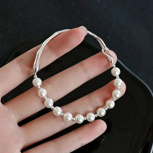Luckacco 925 Sterling Silver Pearl Beads Bracelet for Women Girls Vintage Irregular Metal Charm Bangles Luxury Fashion Party Jewelry Gift