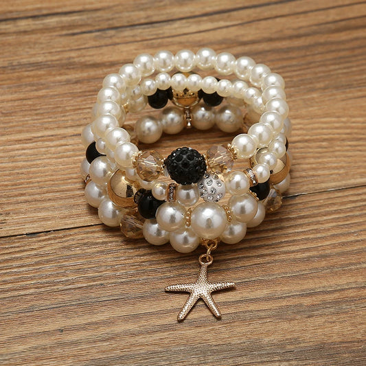 Luckacco Imitation Pearl Stretch Bead Bracelets Set For Women Metal Adjustable Elastic Charms Vintage Strand Girls' Fashion Jewelry C1306