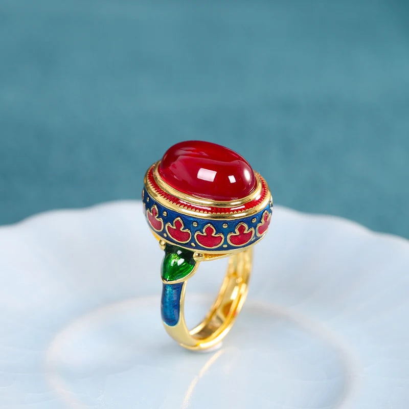 luckacco original ancient gold craftsmanship natural carnelian rings for women flower enamel national style light luxury wedding jewelry