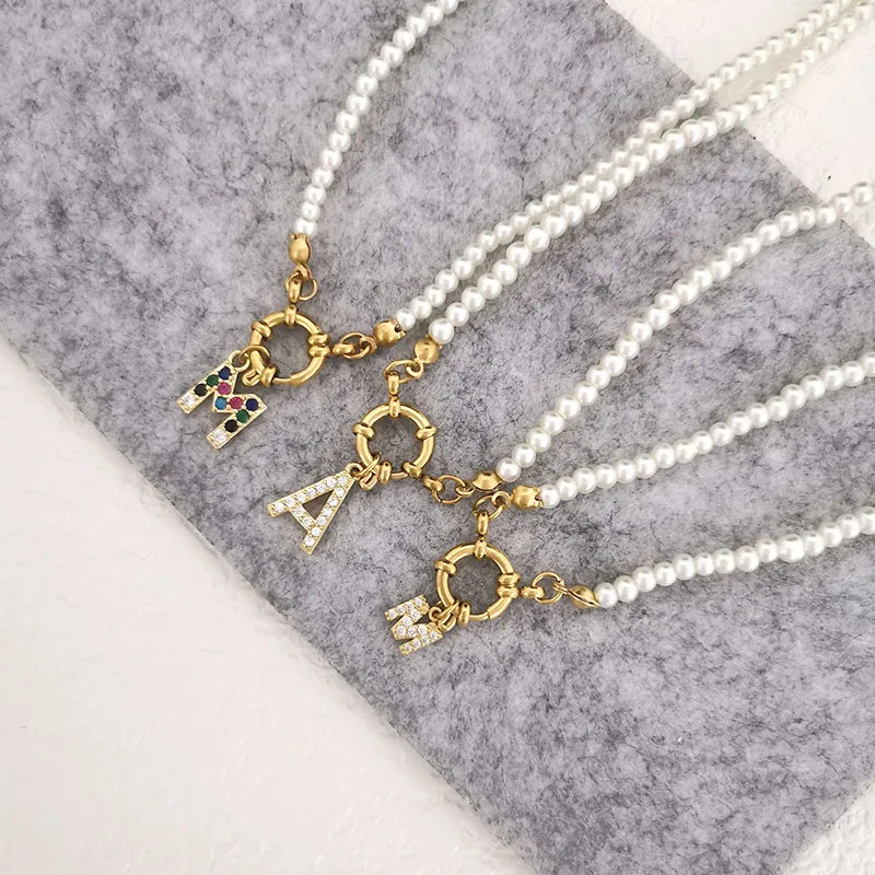 luckacco qmhje initial charm letters imitation pearl necklace women men choker stainless steel clasp sailor buckle 42cm small alphabet