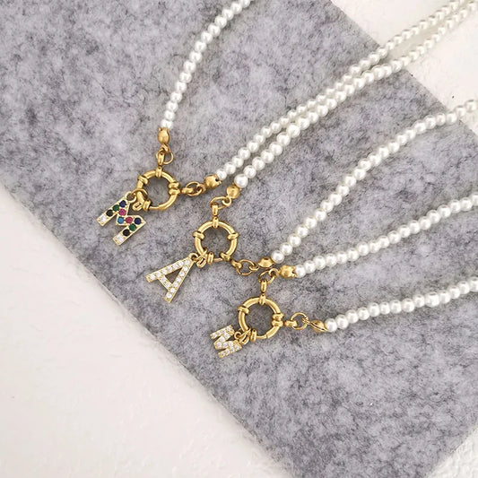 Luckacco QMHJE Initial Charm Letters Imitation Pearl Necklace Women Men Choker Stainless Steel Clasp Sailor Buckle 42cm Small Alphabet