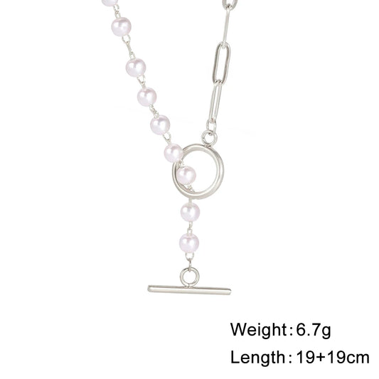 Luckacco Unift Paperclip OT Buckle Pearl Necklace Choker Half Pearl Half Chain Gold Plated Necklace Fashion Boho Wedding Jewelry Women