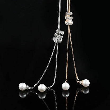 Luckacco Classic Simple Long Pearl Spiral Adjustable Pendant Necklace for Women Charm Zircon Sweater Chain Exquisite Jewelry Accessories