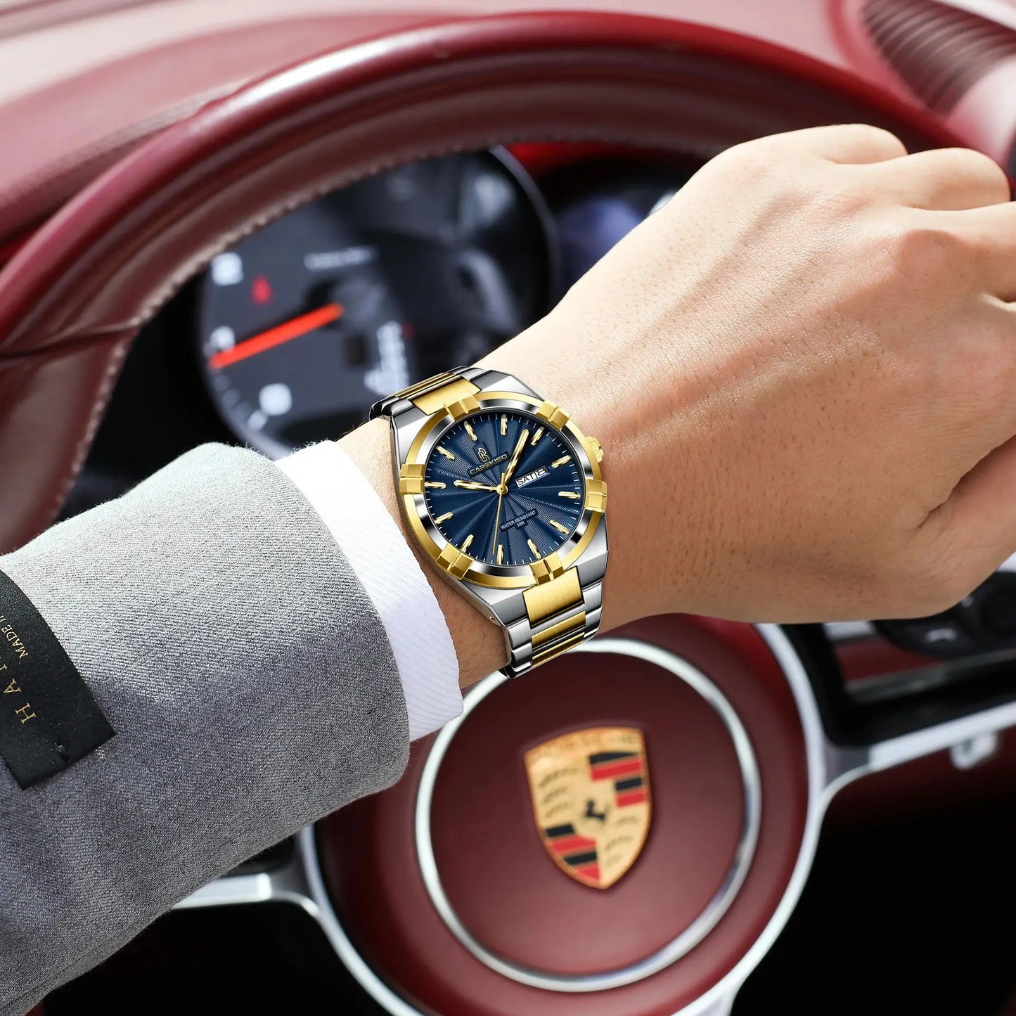 luckacco carekiso military business men clock date week waterproof luminous quartz man wristwatch stainless steel men's watches reloj+box