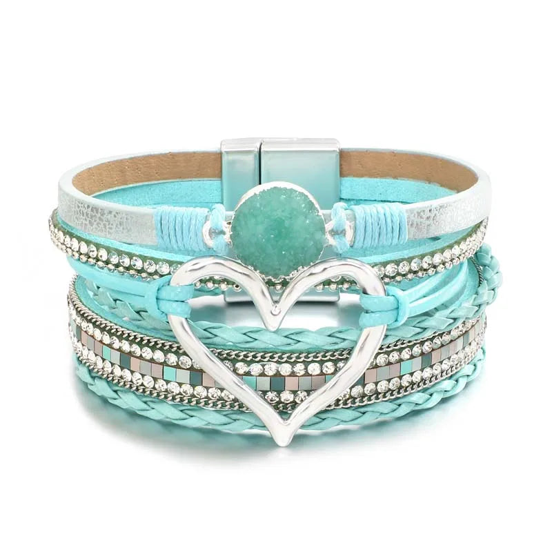 luckacco amorcome fashion braided leather wrap bracelets bangles multilayer resin stone hollow heart charm bracelets women gift pulseira