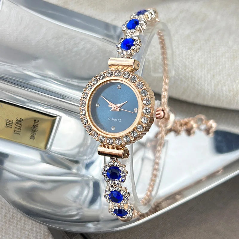 luckacco women's watch fashion color imitation gemstone fashion style quartz watch pullable bracelet women's watch girl's gift