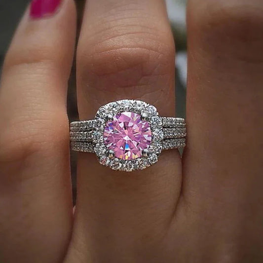 Luckacco Pink Cubic Zirconia Ring Suitable for Women's Engagement Wedding Luxury Accessories Sparkling Silver Fashion Jewelry