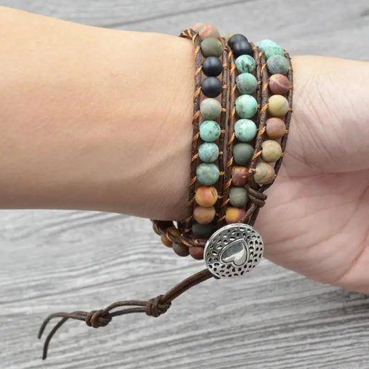 Luckacco Milangirl Bohemia Jewelry Bracelets 6MM Matte Stone Wrap Leather Bracelets Vintage 3 Strands Multilayer Woven