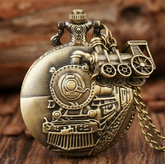 Luckacco Vintage Classic Steampunk Train Quartz Pocket Watch with Necklace Chain Pendant Souvenir Gift Clock for Male Men and Kids