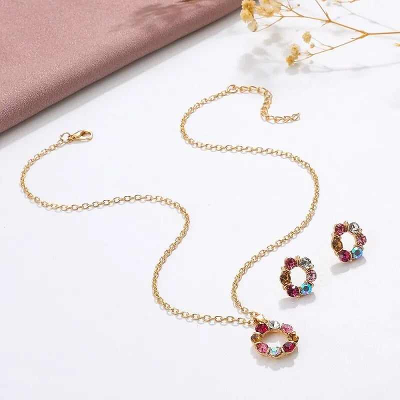 luckacco 3pcs gold necklace earrings set ladies celebrity simple fashion style exquisite stained glass diamond circle shape jewelry