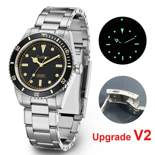Luckacco CADISEN Luxury Men Watch 38mm Diver Vintage Automatic Business Wristwatches NH35 Mechanical Sapphire 20 Bar Mens Retro Clock