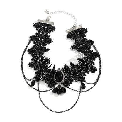 Luckacco Lacteo Gothic Black Lace Rope Chain Necklace Crystal Beads Geometric Charm Chokers Collar Girls Women Party Y2K Jewelry New