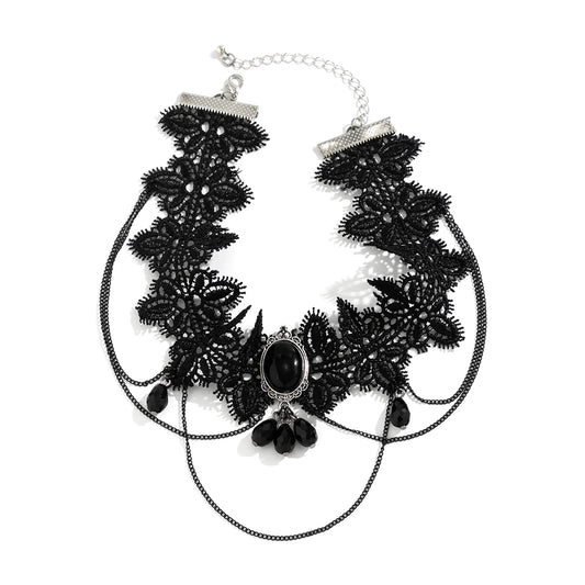 Luckacco Lacteo Gothic Black Lace Rope Chain Necklace Crystal Beads Geometric Charm Chokers Collar Girls Women Party Y2K Jewelry New