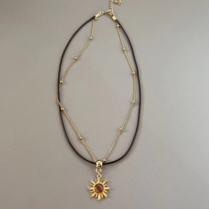 Luckacco Sun Star Zircon Necklace for Women Vintage Leather Necklace Double Layered Pendant Chain Choker Fashion Jewelry