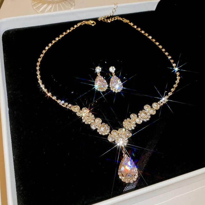 luckacco shiny crystal necklace earrings women's fashion big water droplet rhinestone necklaces wedding evening dress jewelry set