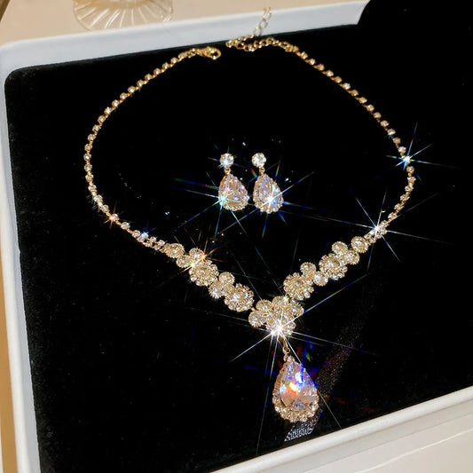 Luckacco Shiny Crystal Necklace Earrings Women's Fashion Big Water Droplet Rhinestone Necklaces Wedding Evening Dress Jewelry Set