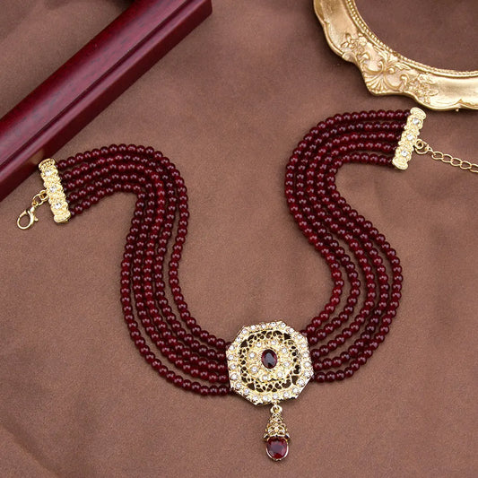 Luckacco Sunspicems Chic Morocco Jewelry Bead Chain Choker Necklace For Women Gold Color Square Mesh Pendnat Arabic Bridal Wedding Bijoux