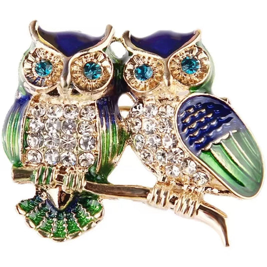 Luckacco Trendy Double Owl Brooches Rhinestone Brooch Badge Pin Bird Animal Party Casual Suit Decoration Badge For Women Corsage Gifts