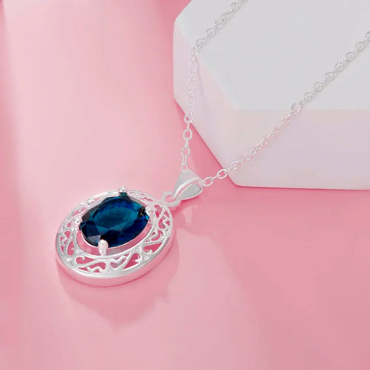 Luckacco 45cm Luxury 925 sterling Silver romantic Blue Crystal Oval Pendant Necklace For Women fashion party wedding Jewelry gifts