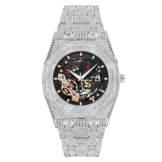 Luckacco Luxury Genuine Brand Watches For Men Hip Hop Diamond Fashion Alloy Band Date Vintage Skeleton Designer Quartz Watch Montre Homme