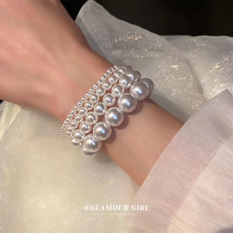 luckacco elegant white faux pearls beaded bracelets for women adjustable elastic rope bracelet french luxury hands jewelry accessories