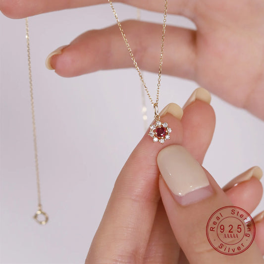 Luckacco 925 Sterling Silver Electroplated 14K Gold Red Zircon Sun Pendant Necklace for Women Wedding Party Jewelry