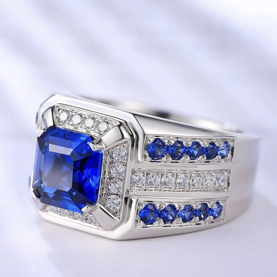 luckacco hot selling silver plated alloy mosaic blue square zircon rings for men jewelry birthday party ring  size 7-13
