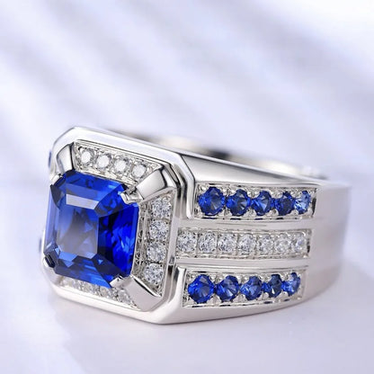 Luckacco Hot Selling Silver Plated Alloy Mosaic blue square zircon Rings For Men Jewelry Birthday Party Ring  Size 7-13