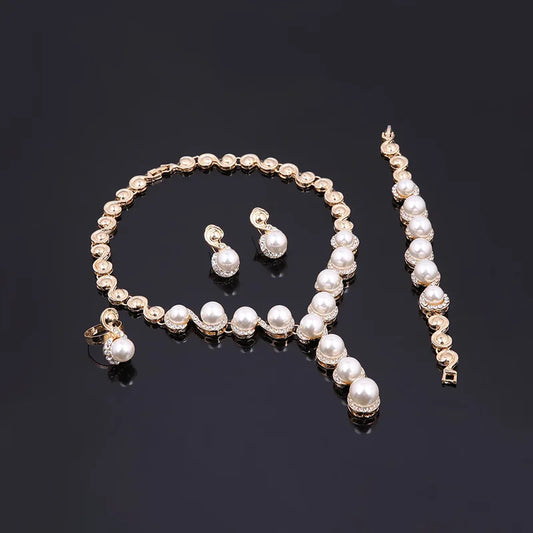 Luckacco 5 PCS Women's Metal Jewelry Set Pearl Necklace Earring Bracelet Set Holiday Party Jewelry Bridal Wedding Jewelry