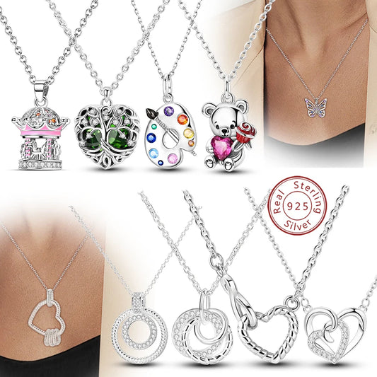 Luckacco Necklace 925 Sterling Silver Butterfly Love Heart Bear Classic Simple Adjustable Necklace For Women Girl Fashion Jewelry Gifts
