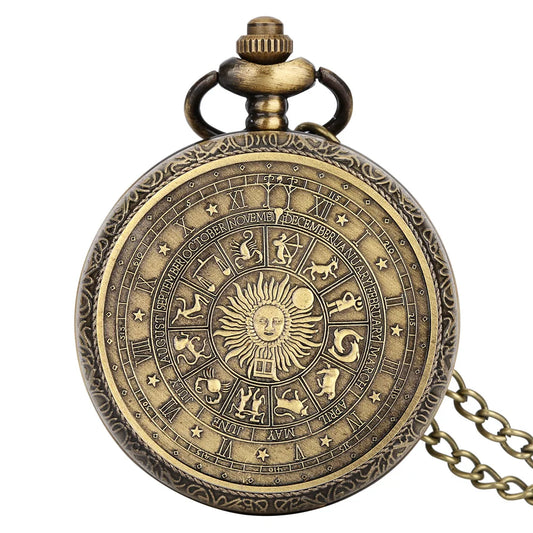 Luckacco Bronze Vintage Tarot Commemorative Pattern Pocket Watch Constellation Lucky Sun Moon Necklace Memorial For Male Kids Relogio Saa
