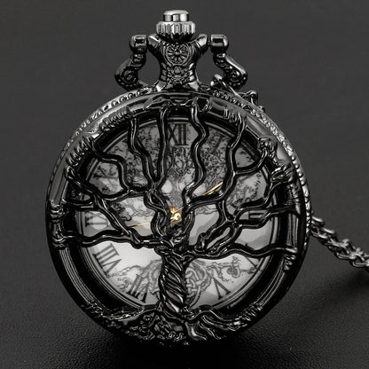 Luckacco Tree of Life Pattern Sketch Ink Painting Dial Pocket Watch All Black Vintage Necklace Chain Quartz fob Clock reloj