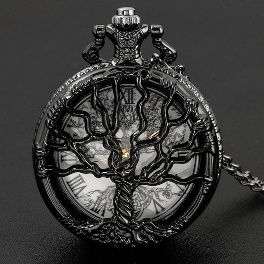 Luckacco Tree of Life Pattern Sketch Ink Painting Dial Pocket Watch All Black Vintage Necklace Chain Quartz fob Clock reloj