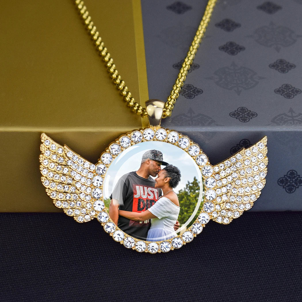 luckacco custom necklace personalized photo picture angel wings rhinestone pendant chains necklaces creative fashion hip hop jewelry gift