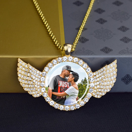 Luckacco Custom Necklace Personalized Photo Picture Angel Wings Rhinestone Pendant Chains Necklaces Creative Fashion Hip Hop Jewelry Gift