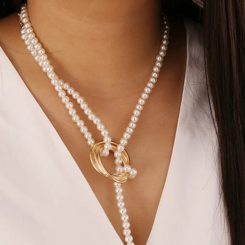 luckacco vintage pearl pendant necklace for women elegant beaded long tassel sweater collar chain accessories temperament fashion jewelry