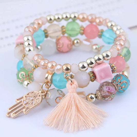 Luckacco DIEZI Korean Ethnic Bohemian Crystal Beads Leaves Charm Bracelets For Women Girls Elastic Rope Wrap Bracelet Pulseira Feminina