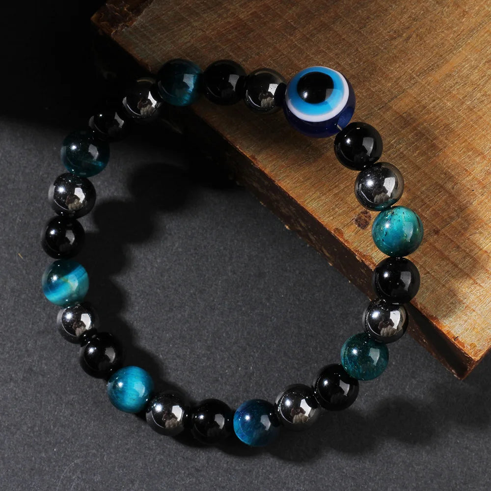luckacco triple protection bracelet, blue tigers eye black bile obsidian evil eye beaded bracelet, handmade stretch beaded bracelets