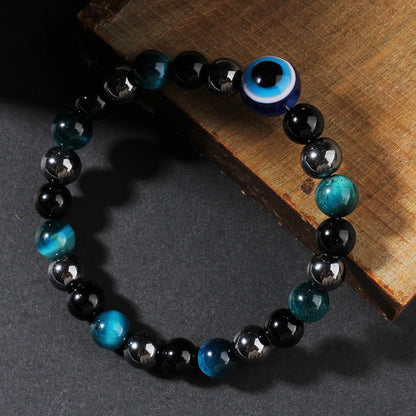 Luckacco Triple Protection Bracelet, Blue Tigers Eye Black Bile Obsidian Evil Eye Beaded Bracelet, Handmade Stretch Beaded Bracelets