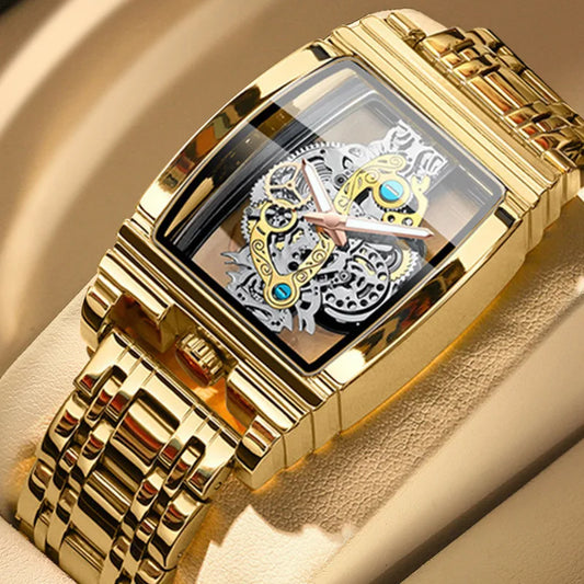 Luckacco UTHAI L44 Men's Watch Fashion Hollow Carved Large Dial Barrel Waterproof Clock Steel Band Male's Business Quartz Watches